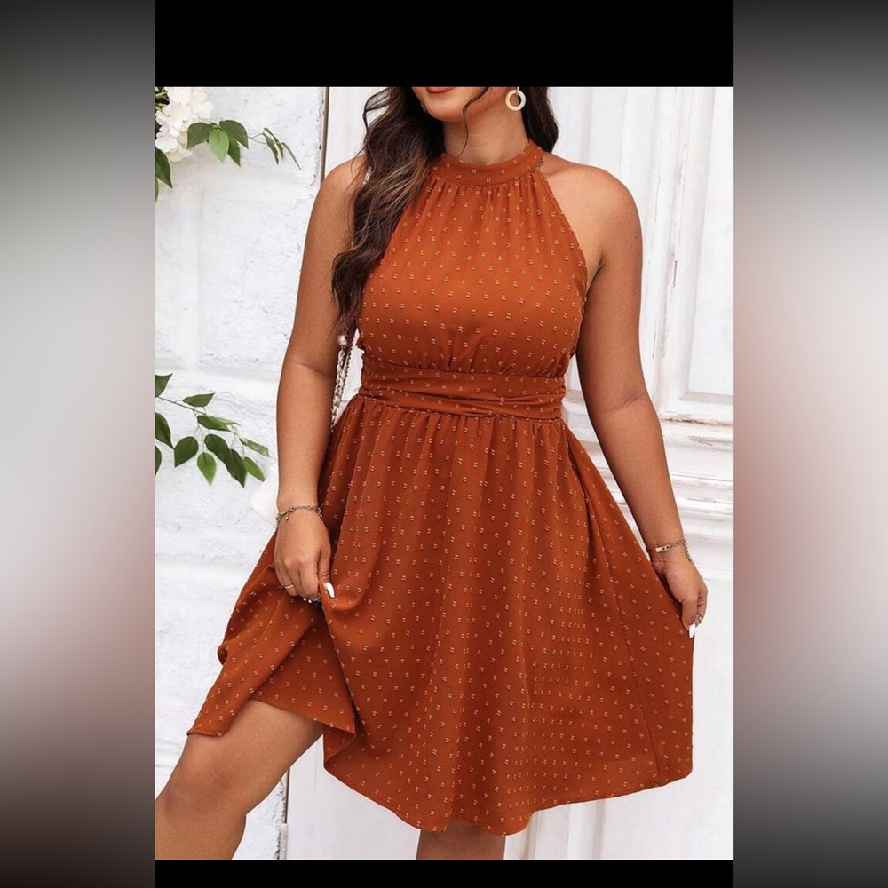 SHEIN Privé Plus Swiss Dot
Halter Neck Dress
Brown / OXL(12)